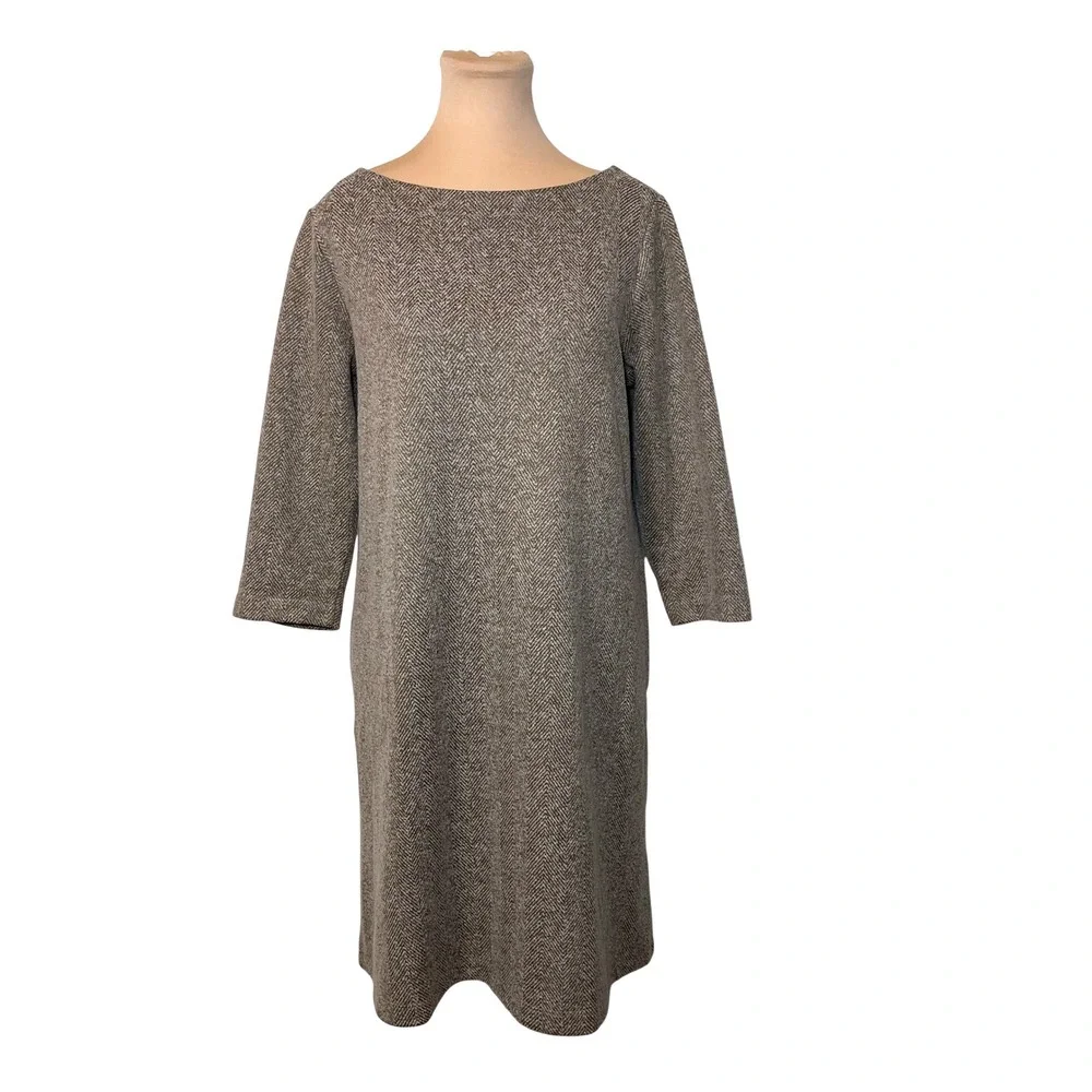 J. Jill Herringbone Shift Dress M Petite Brown Tweed 3/4‎ Sleeve Mod Academic